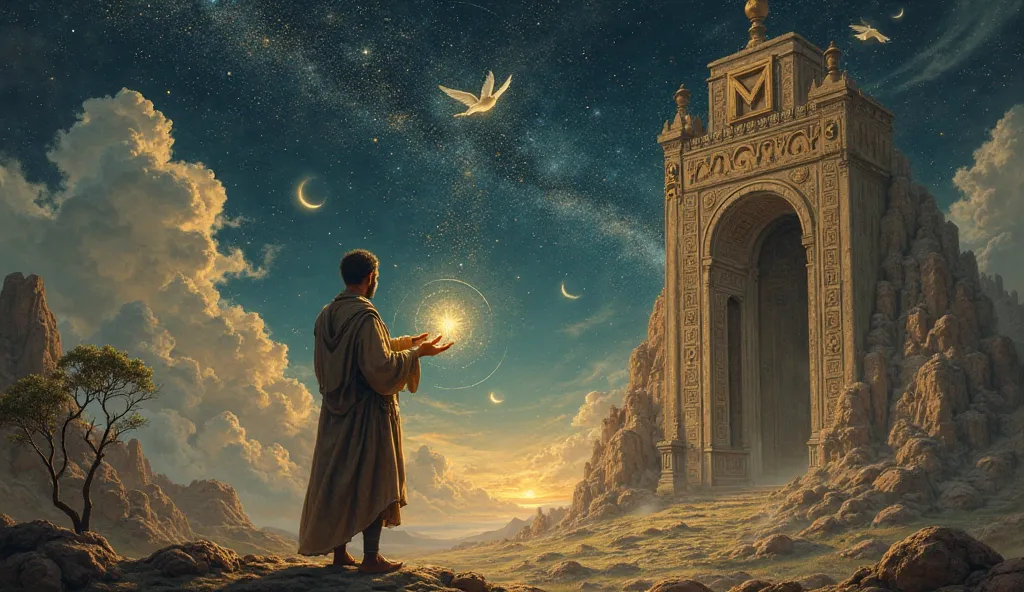 "An ancient, detailed painting-style illustration of a lone traveler standing at the edge of a grand mystical temple, staring at the starry sky filled with celestial signs. In his hands, he examines his palms, which prominently feature an illuminated 'M' a...