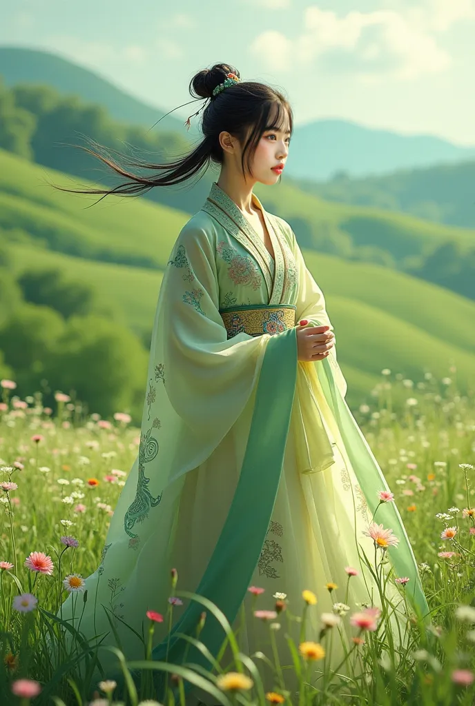 A girl in Hanfu，Age about 20 years，The background is a green meadow