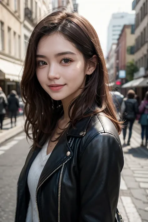 A caucasian woman, age 25, red hair, wearing a black leather jacket, smiling in a city street with blurred background