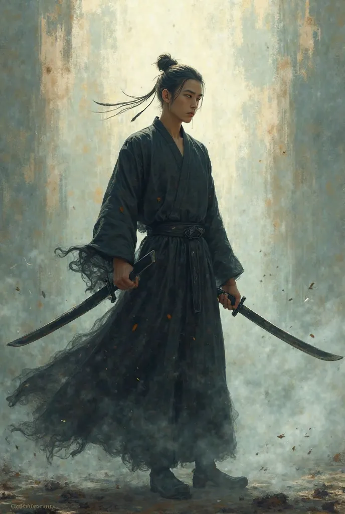 Create a cover story about inner strength, with a young man wearing a black silhouette Chinese dress, holding a sword and a Krabi.