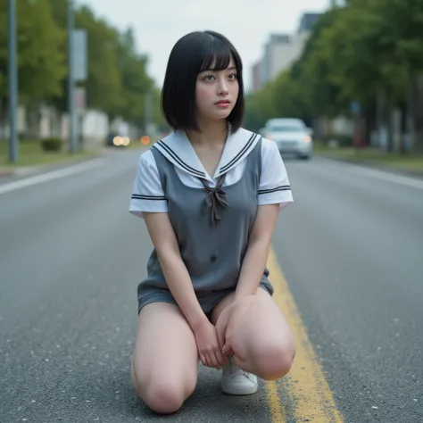 High Resolution,  accurate, 解剖学的に accurate, high detail, very well detailed, textured skin, cute、Big Breasts、1 girl, natural light 、uniform、miniskirt、Nikon, female high school students、 crouch、 Glowing Thighs 、On the road、 can see her underpants、 black hai...