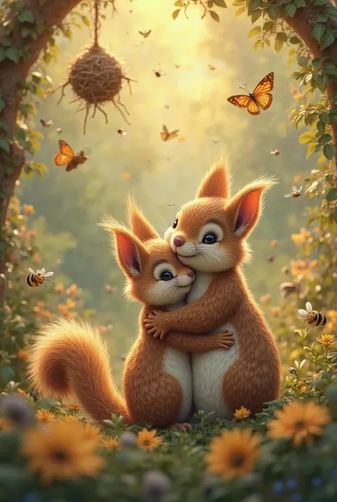 Baby squirrel and mother squirrel hugging , birds and bee , bee nest , lots of butterfly , bugs , love with mom