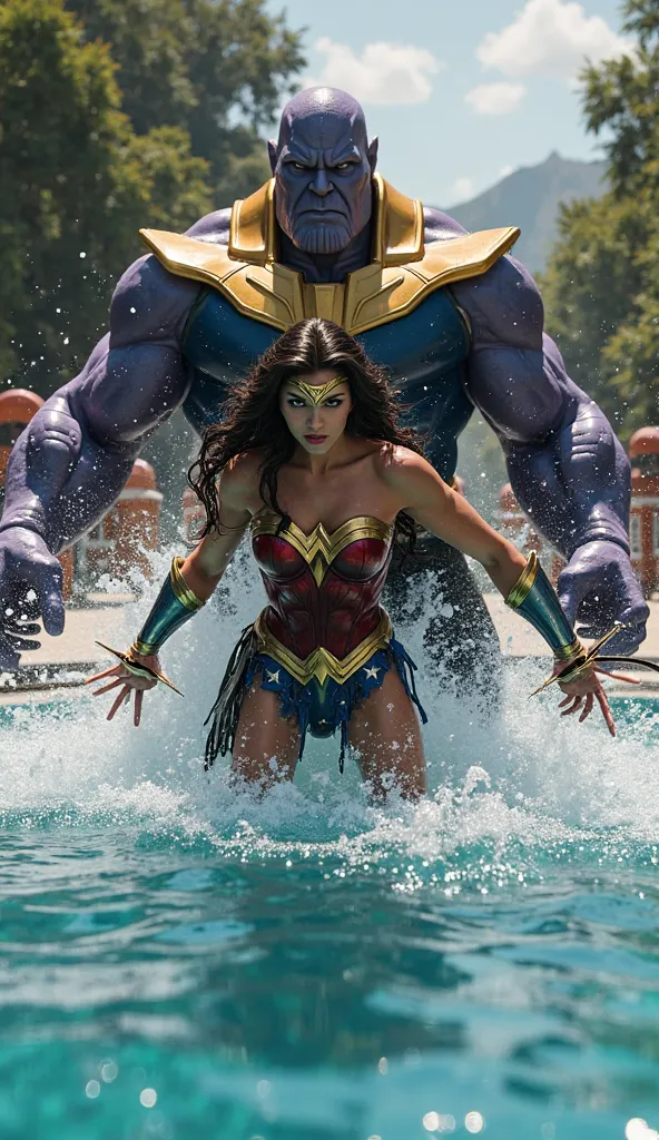 Wonder woman and marvel Supergirl playing at sweeming pool suddenly Thanos grabbed wonder woman inside the pool 