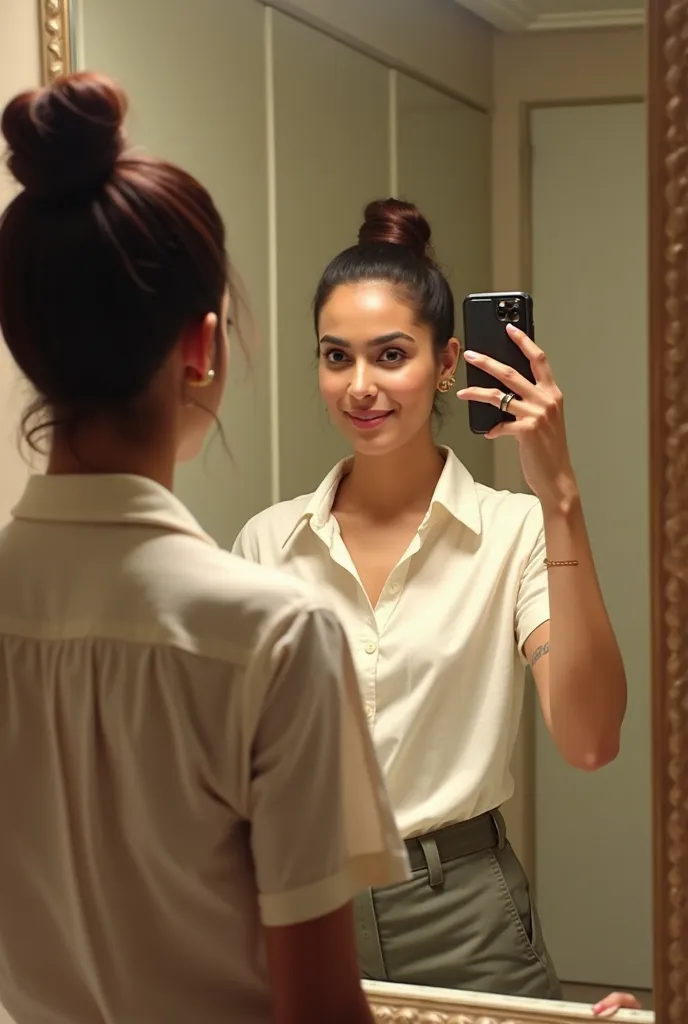 shraddha kapoor 25 yrs old wearing shirt and trousers taking a selfi in ladies washroom, tied hairs like a bun on top