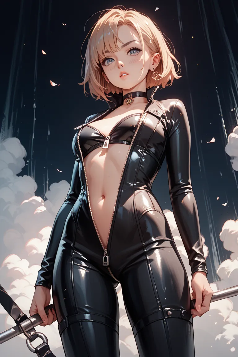 1 girl、 black catsuit 、The zipper is lowered below the navel、standing