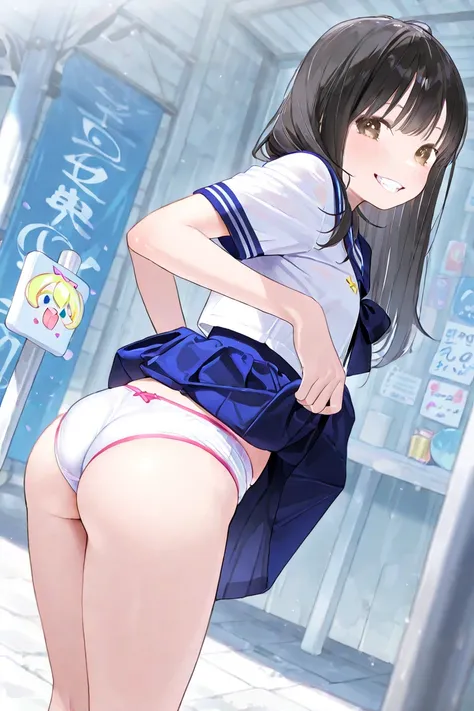 nsfw、masterpiece、Highest quality、High Resolution、 Clarify every detail、1 girl、 Japanese、 black hair、slim、 outdoor、Town、road、younger sister、 middle school student、、teeth、summer、sailor suit、Short sleeve、Sailor scarf、pleated skirt、medium skirt 、 blue skirt、fl...