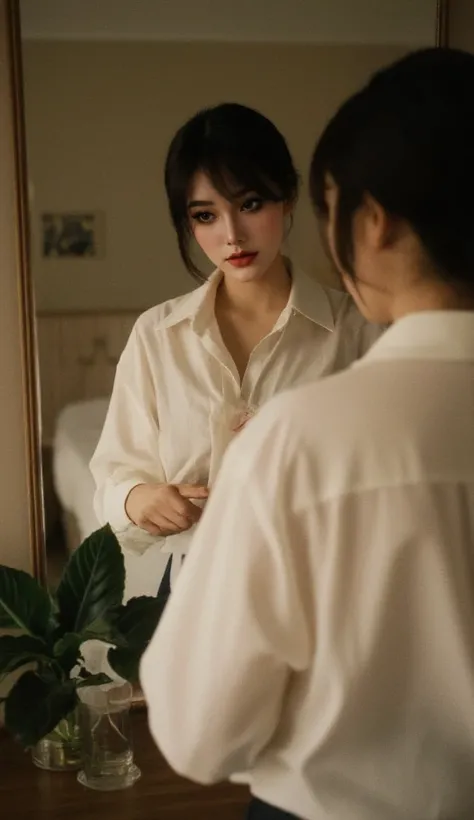 A hot korean women chaging shirt infront of the mirror.