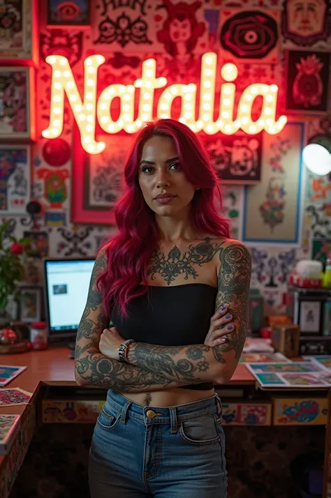 Female tattoo artist in her beautiful place and on the wall she has the word Natalia hanging with LED lights