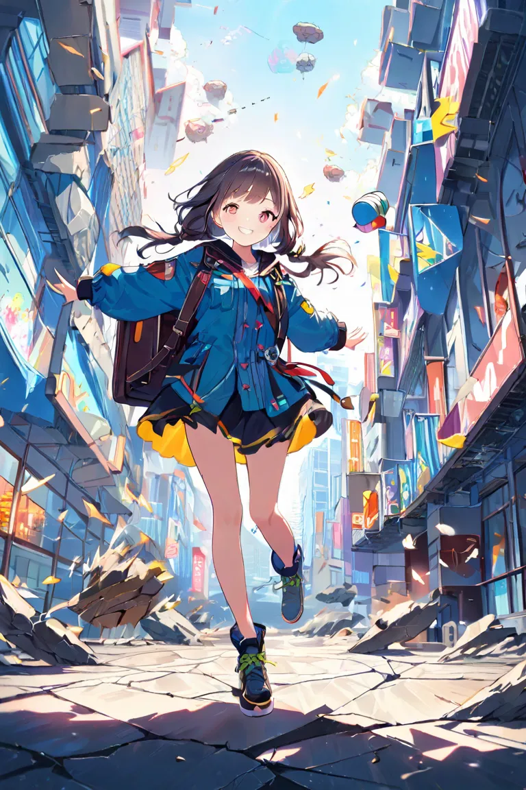 masterpiece, best quality, (1girl), full body, (cute anime face), (beautiful detailed girl), clear sky,

, smile,messenger girl,cracked floor, big backpack,avenue suffer severe damage , building in disarray,background is exploding alley,cumulus, , floating...