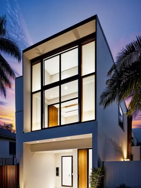 Ultra-realistic 8K,  HD,  Sharp details, 2 Floor Modern Residence, Main materials: White wall, Wooden ceiling decoration, Large Stained Glass Windows, the way, car,  sidewalks along the street, American Palm Tree Height, A Small Alley, Located in a Residen...