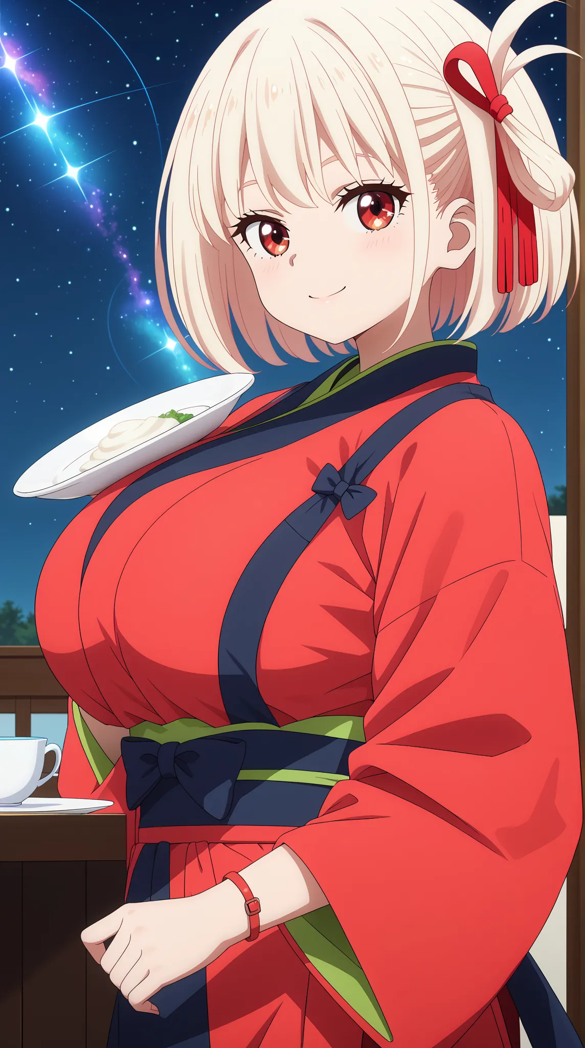 (UHD, retina, masterpiece, accurate, anatomically correct, super detail, high details,   highres, 1080P, 16k、high detail RAW color art:1.3)、 (chisato nishikigi:1.3)、(short hair, bangs, blonde hair, red eyes, hair ribbon, one side up, bob cut:1.3)、(very gig...