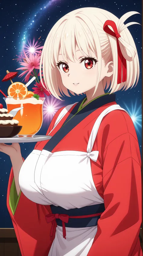 (UHD, retina, masterpiece, accurate, anatomically correct, super detail, high details,   highres, 1080P, 16k、high detail RAW color art:1.3)、 (chisato nishikigi:1.3)、(short hair, bangs, blonde hair, red eyes, hair ribbon, one side up, bob cut:1.3)、(very gig...