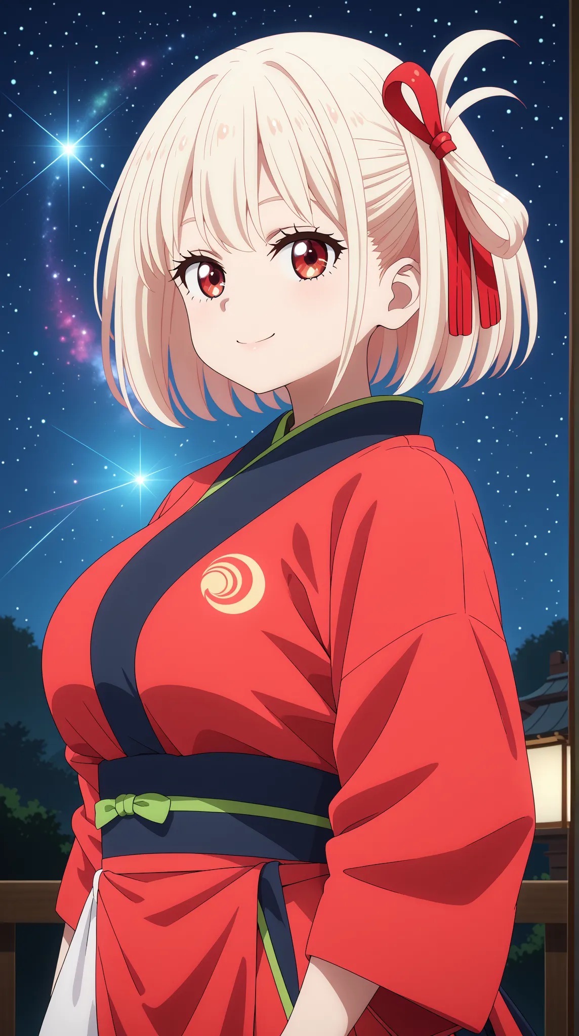 (UHD, retina, masterpiece, accurate, anatomically correct, super detail, high details,   highres, 1080P, 16k、high detail RAW color art:1.3)、 (chisato nishikigi:1.3)、(short hair, bangs, blonde hair, red eyes, hair ribbon, one side up, bob cut:1.3)、(very gig...