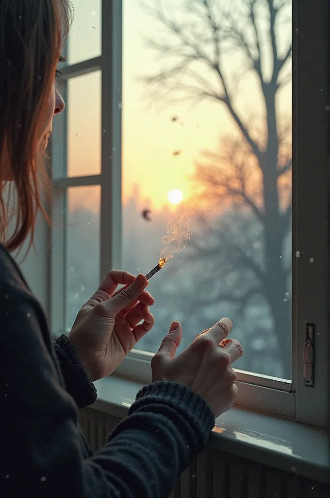 "POV with the man's arms in the foreground, holding a burning cigarette while resting on an open window sill in the morning. Smoke slowly rises , dissolving into the fresh morning air. Sunlight crosses the window , softly illuminating their arms and highli...