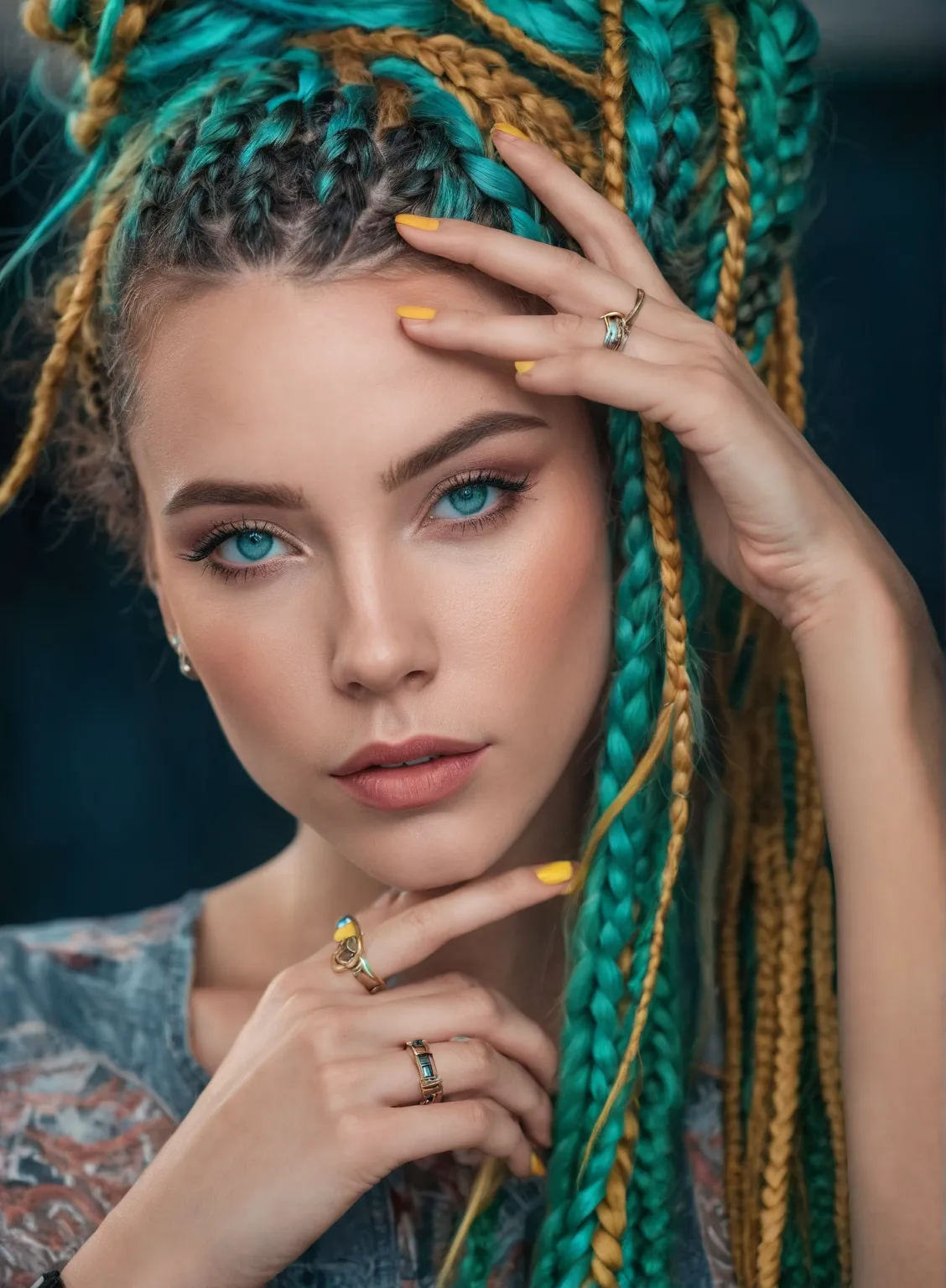 a woman with dreadlocks and a rings on her fingers, long braided teal hair, portrait color glamour, color portrait, blonde braids and blue eyes, colorful braids, 8k artistic photography