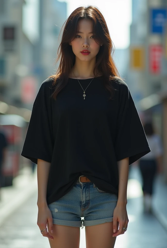 A beautiful married japanese woman wearing a black oversize drop shoulder tshirt and jeans style shorts.she's white bra strap seen.she have makeup, red lipstick, brown hair,ver long brown hair,hair on her shoulder.she have tattoo on her hand a small size t...