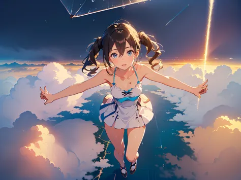 (flying, in the sky, flying with a mat、full body:1.5), looking at sky, break ,(medium breasts:1.3),Sunazuka Akira, (short hair, twintails:1.5), (skinny legs:1.0), break,(from below:1.3),(雨、風、雷、:1.5), (camisole dress:1.5)