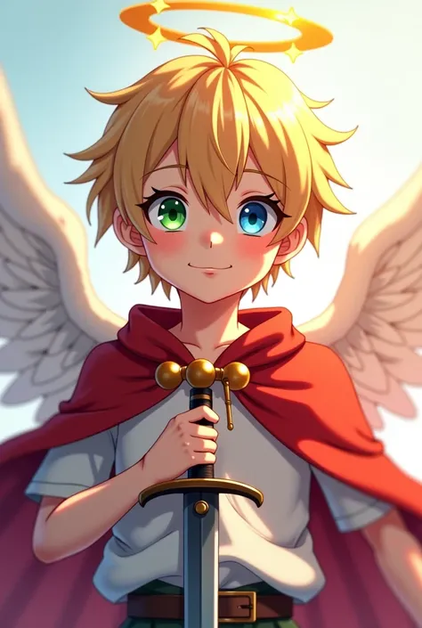 Boy with angel wings on his head a green eye and a blue eye Short hair, blond hair, Rice,  blue eyes,  smile, Slight smile, brilliance, anime style, And a red cape and a sword 