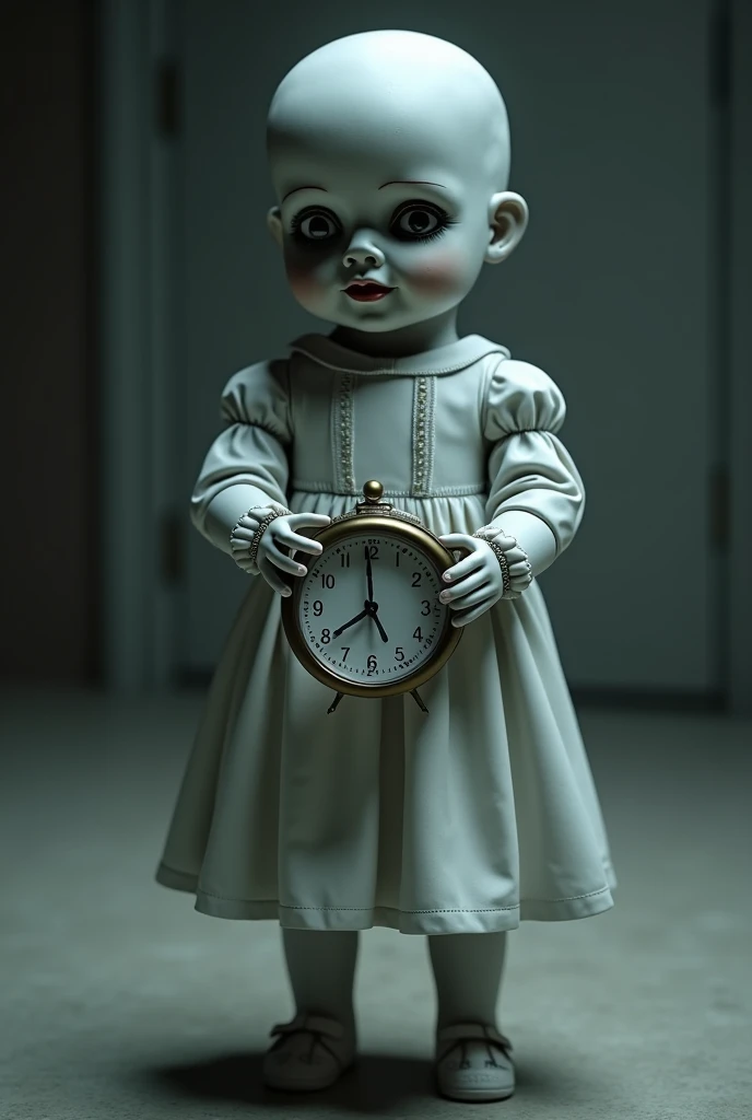 The doll in the squid game movie holding a clock (facing forward)