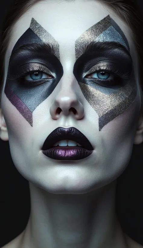 professional photography, 4k, masterpiece of a woman's face.  Artistic gothic makeup with shadows in black and silver tones, applied in geometric shapes around the eyes, extending towards the temples. The lips have a gradient effect, from black to dark pur...