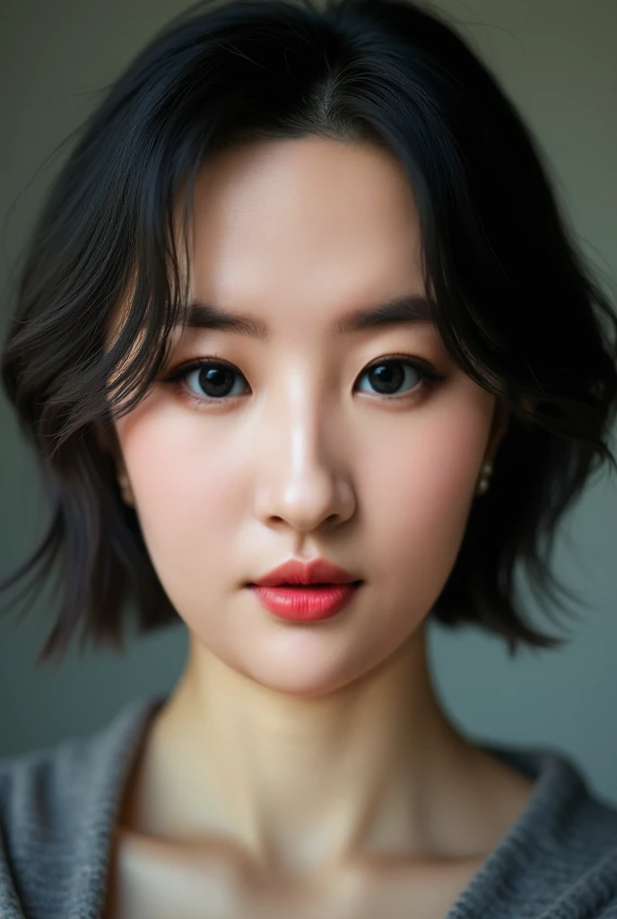 Half-length portrait，4K，Liu Yifei，She is a beautiful Chinese woman with excellent looks, fair skin，short straight hair， Direct View Camera ，Facing the camera with no expression，but AI can't generate realistic selfies, Shows pores and pimples ,  and a long-...