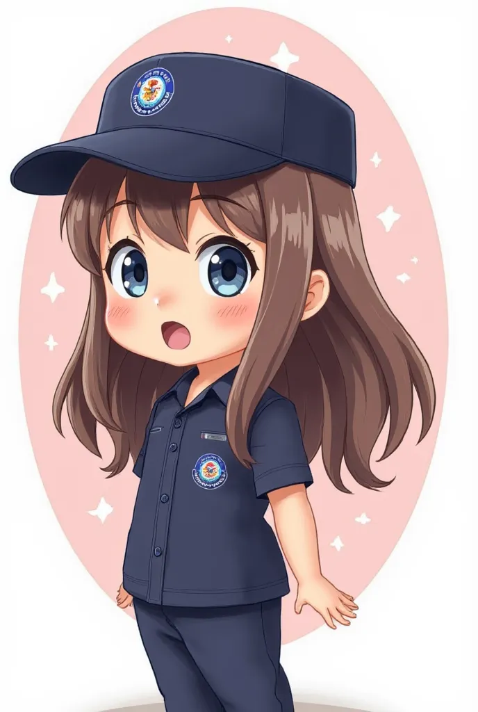 A cute cartoon style illustration of a brown-haired girl, wearing a dark blue short-sleeved uniform, dark blue slacks and a hat as highlights, black pumps. She has a shocked expression, big round eyes and a wide mouth. She is showing shock, startle. The ba...