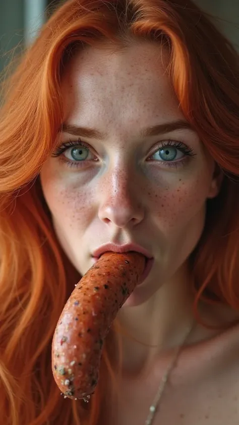 A redhead sucking a sausage 