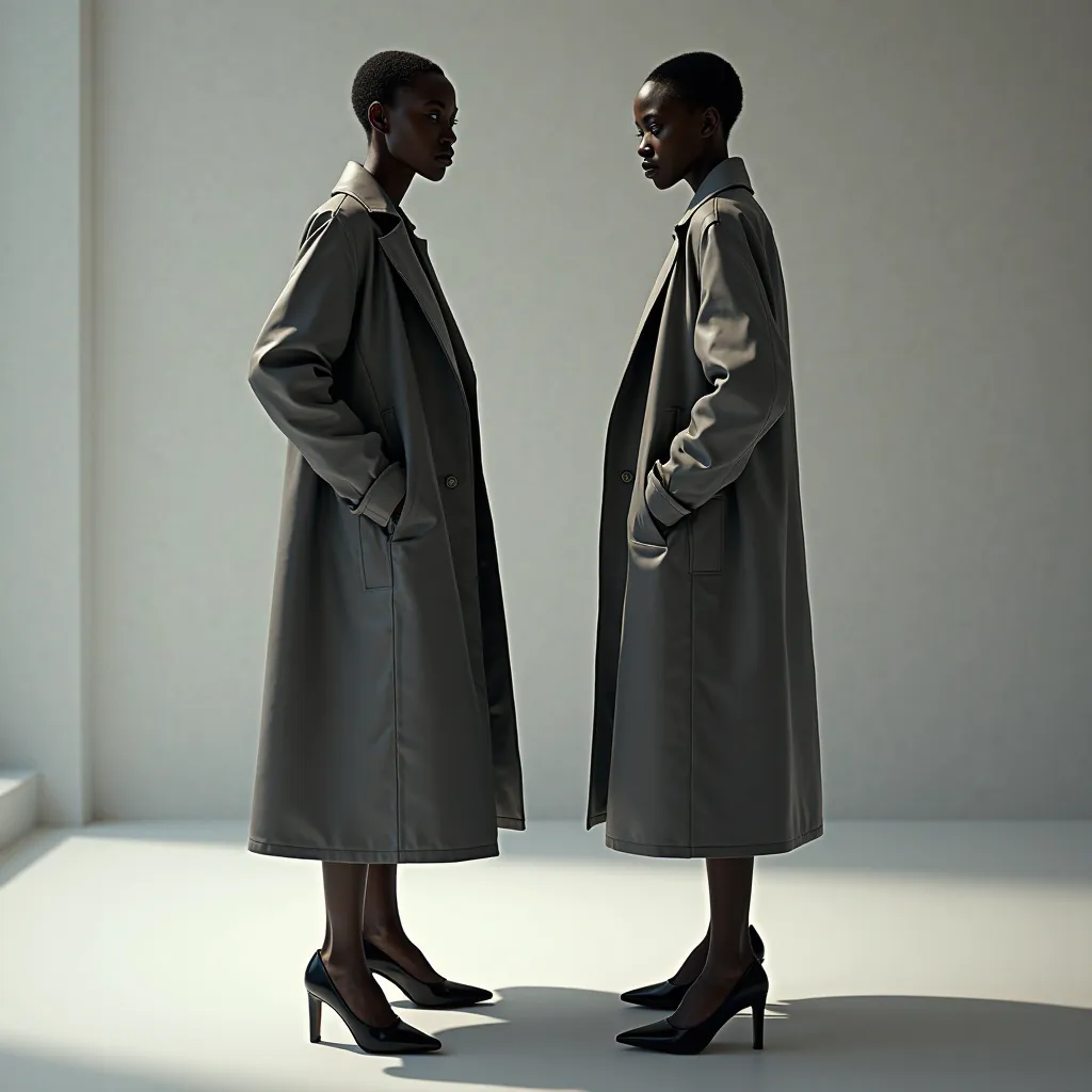 "Image of a black woman with dark golden skin, sculpted face, wearing a futuristic gray coat, sem decotes, fully closed, with an impeccable high fashion cut.

📌  Next to her , there is a second identical version of herself... but something is wrong.
📌 The ...