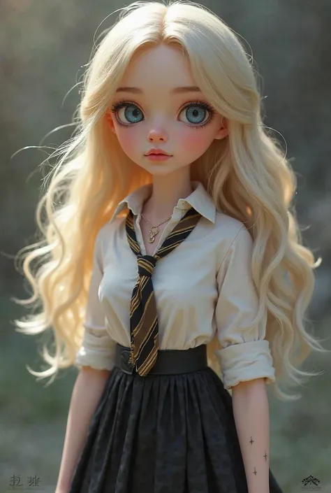 A doll-like girl with blonde hair, blue eyes, a necklace, a faint crescent-shaped scar on her left wrist, pale skin, pink-red lips, and a Hogwarts school uniform.