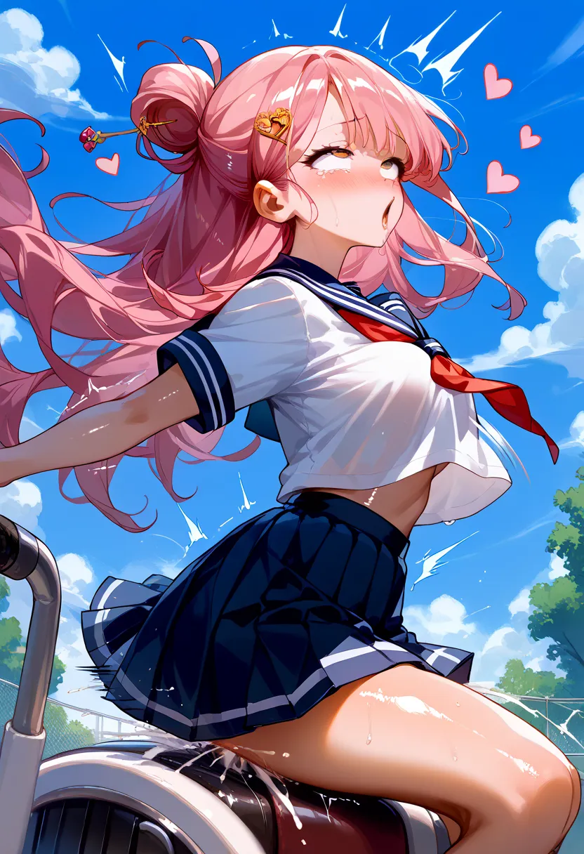 masterpiece, high resolution, best quality ,8k(((White skin, shiny skin)))
( school uniform)(riding a rodeo machine)
1 girl,pink  hair,hair pin,
(trembling,bouncing,motion blur)
((rolling eyes,orgasm))
(Heart bubble)
(sound effects)(rating_safe)(14 old)
