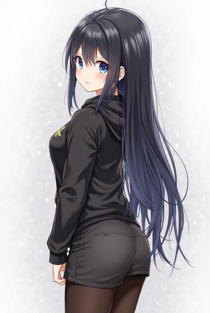 Please create an illustration based on the characteristics I'm about to tell you。
・Anime-style illustrations
・Black hair
・Long hair
・Blue-eyed
· black hoodie
・Black miniskirt
・black tights
・Posing with the buttocks facing this