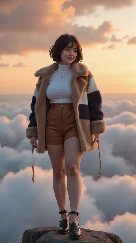  France in the 21st Century 2025  ，  one woman(((full女人（(Fat，full，Meat quality( Strong Waist ,  Curved Plus Size Body  )（huge boobs），Short hair is fluffy and slightly curly,性感Turtleneck打底衣服(Turtleneck:1.2)The jacket is a multicolored cowhide coat（Cover bus...