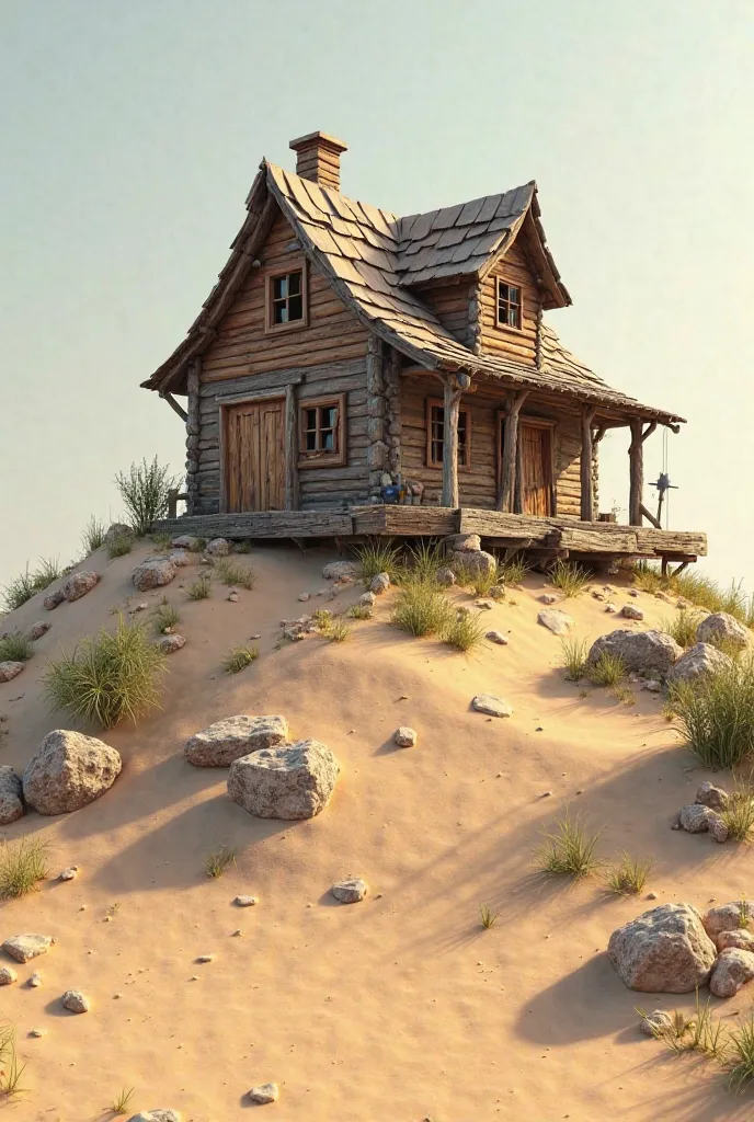 A wooden house built on a slightly large sandy mountain