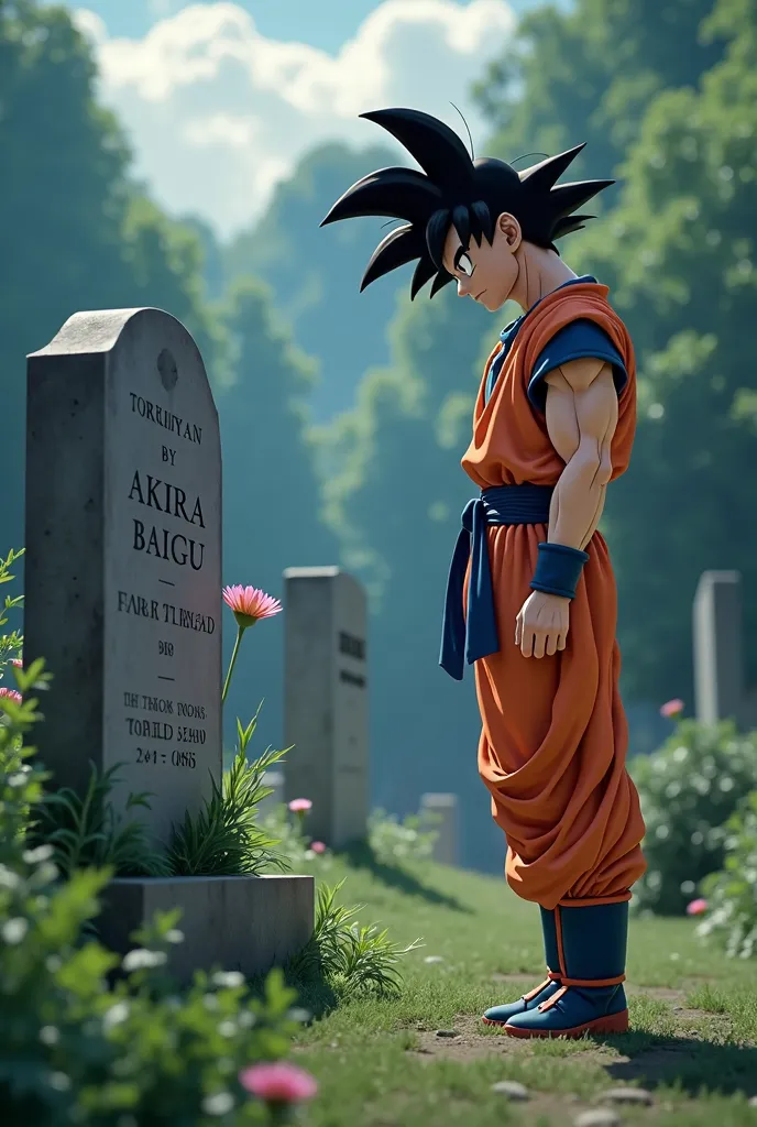 Goku sadly looking on the grave of akira toyirama