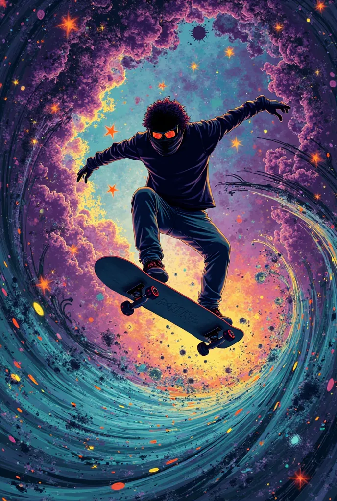 Cree a Estampa "Infinite Vortex" it is a visual celebration that unites the dynamism of skateboarding with the immensity of the cosmos, creating a unique and thought-provoking 2D experience.  In the center of the composition , a skateboarder in the middle ...