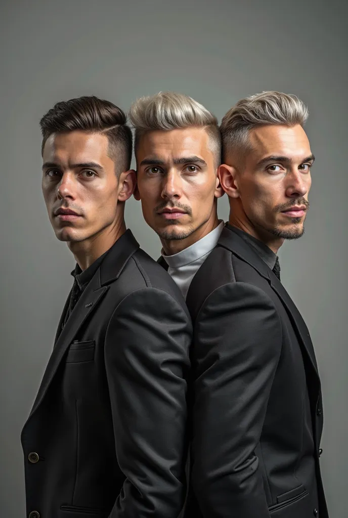 Three men side by side, each with a different cutting style: gradient, social e undercut, on a neutral background and professional lighting.