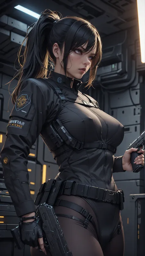  score_9、 score_8_up、 score_7_up,(Highest quality),( 超High Resolution ),(very well detailed),( best CG ),(masterpiece),RAW photo, 8k, ((perfect hands, perfect anatomy)),punch me with a handgun, Ponytail,  Supple, medium rest,  constricted、 black tactical u...