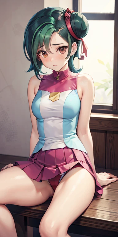   1 female,high definition,dementia,    ultra-realistic    ,8K, hmkotori, short hair,  pelo multicolor, SINGLE HAIR bun ,  hair band ,  sleeveless t-shirt, falda rosa,  Skinny skirt   ,  mini fold,  pleated skirt  ,European,sexy,foreground of the upper tor...