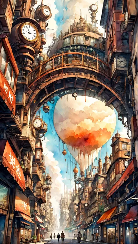  Highest quality ,  super fine, 16k,  delicate and dynamic ,   amazing watercolor landscape painting,  cyberpunk、  dieselpunk  、   clock punk   、あらゆる方向にそびえ立つ、A kaleidoscope of steampunk-inspired streets towering in every direction, New and Old, Learning fr...