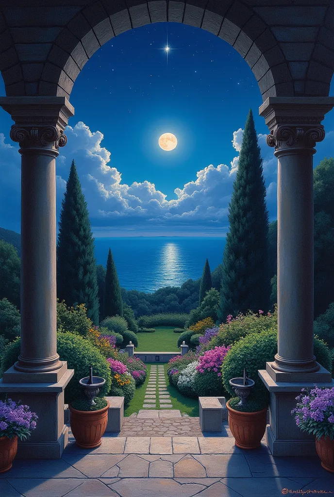 Vertical painting of a night landscape with a moon in the sky, star, Views from an open castle balcony with medieval columns and small lights、Overlooking a garden with purple flowers,   yellow, Pink and white, Pot-shaped fountains and garden ornaments,  su...