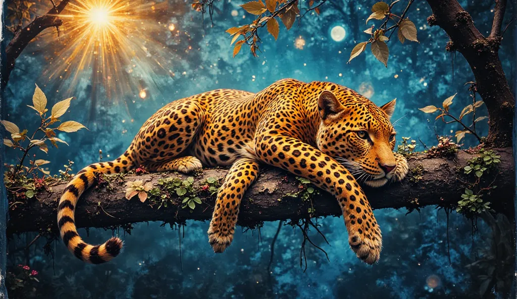 a watercolor painting of a serene leopard draped over a tree branch, its radiant golden coat adorned with glowing, swirling spots, its eyes reflecting a celestial glow; the forest around it blooms with delicate Fibonacci-patterned leaves, blending into a s...