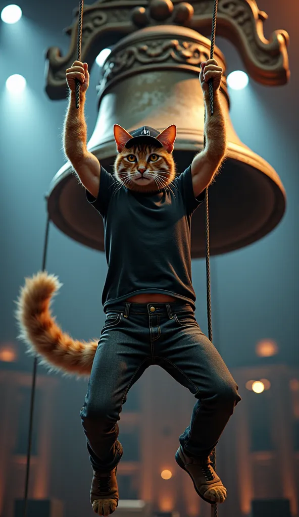 A  realistic photo of the hardrock band as cats Ac/dc character Brian Johnson as a cat ,He swing on a huge large hellbell over the stage . He wering black jeans, black cap and black T-shirt.

 