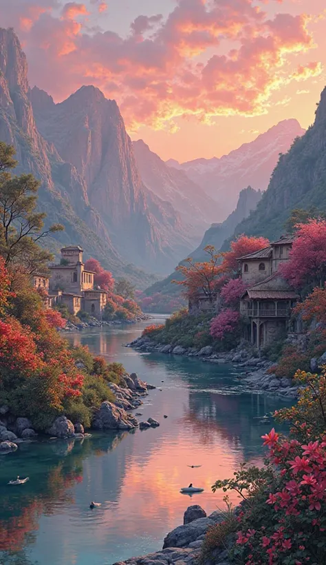 a small village by the river，Mountains in the background，Flowers in bloom， are brightly colored， Detailed Scenery ， Beautiful natural landscape ，Mood lighting，Scorching sunset，Warm colors，practical，practical摄影， Detailed Leaves，Complex buildings， cobbleston...