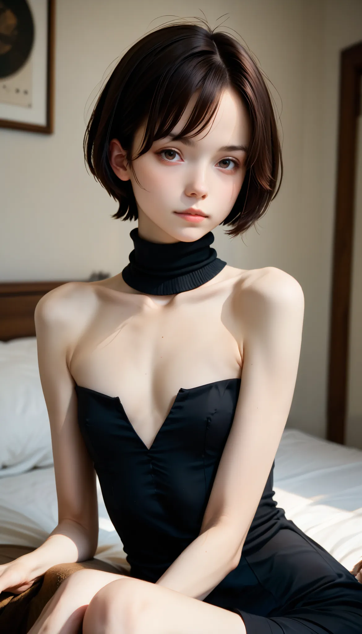 Highest quality、masterpiece、Perfect Anatomy、Center of chest,Black Dress,turtleneck, (((, slim, short hair)))、Small breasts、Small breasts、Flat Chest、turtleneckのニット