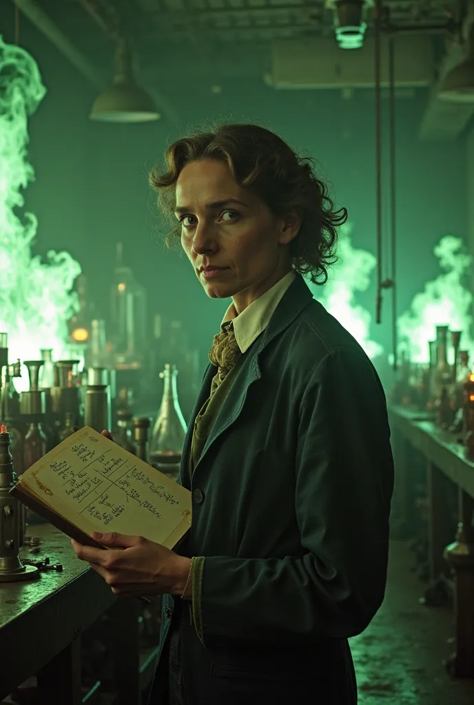 A powerful image of Lise Meitner, a brilliant and determined scientist, in a laboratory from the 1930s, surrounded by nuclear energy flames. She holds a notebook filled with calculations and mystical equations, while the background is dominated by experime...