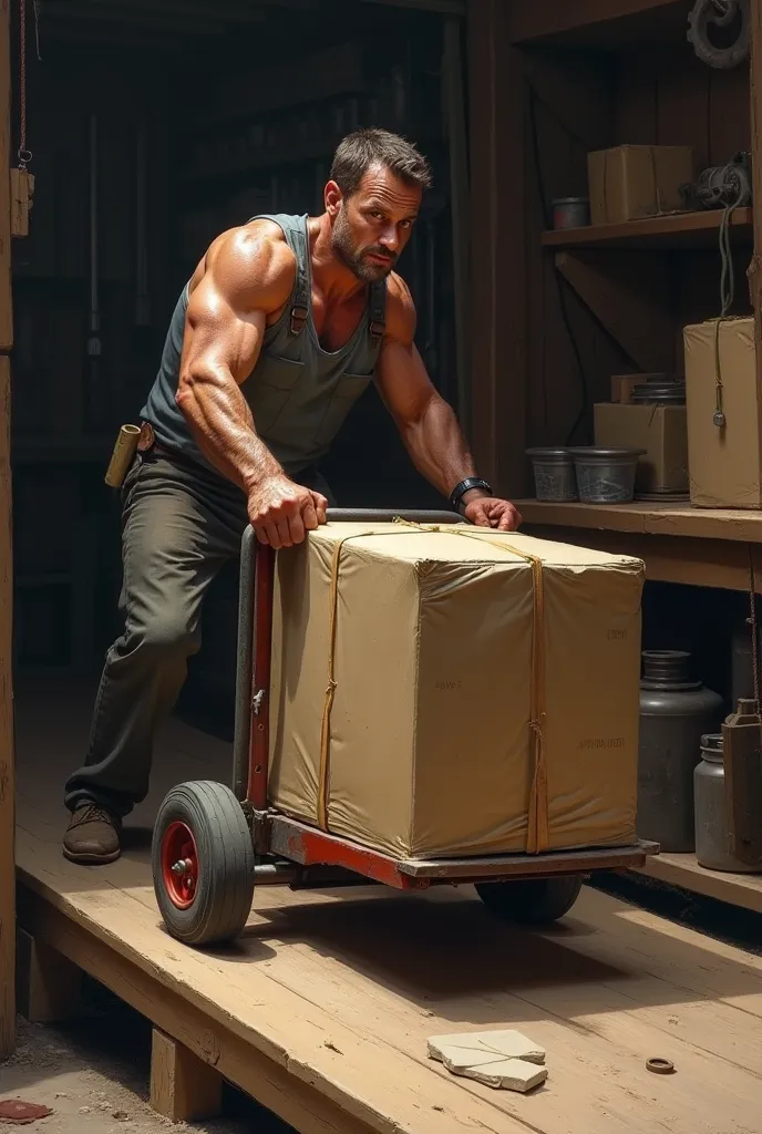 Create me a picture of a man, Who uses a sack truck to pull a heavy package across a ramp onto a workbench