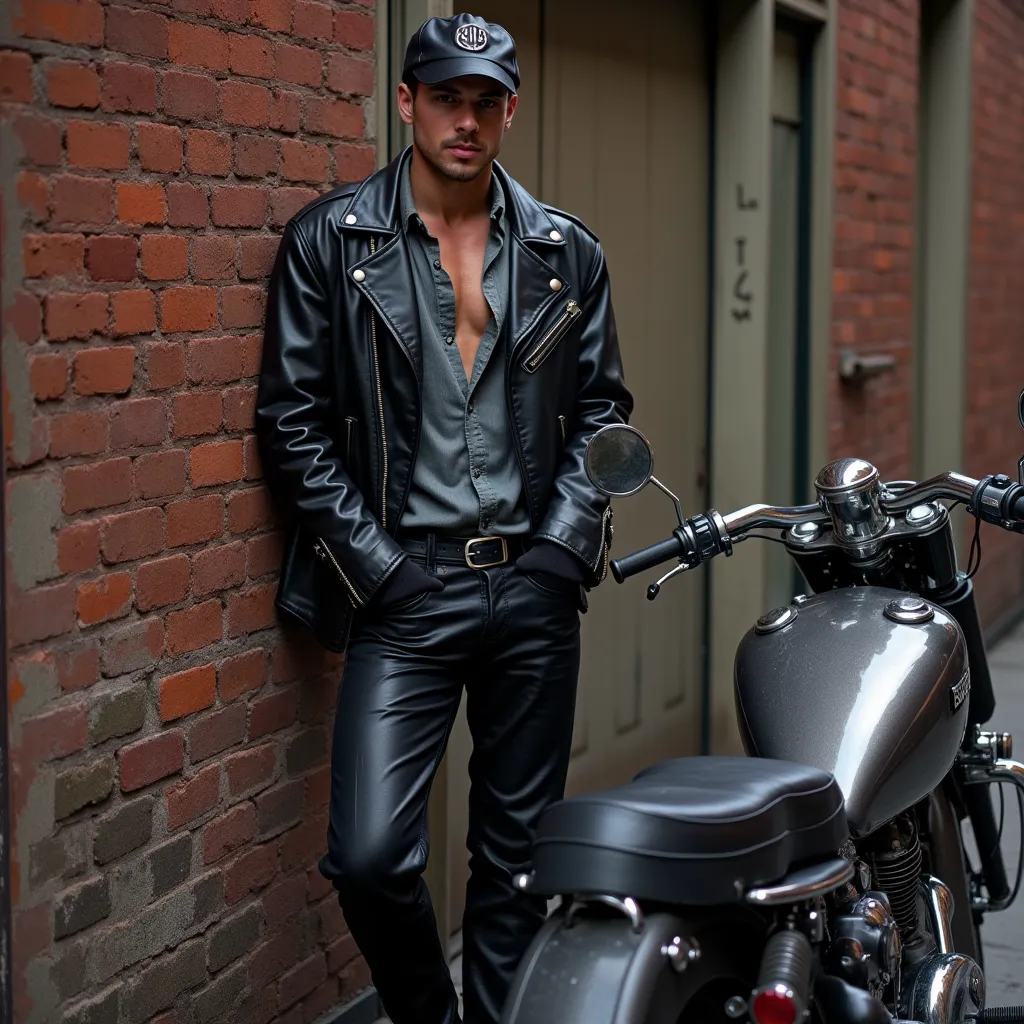 A vintage 1950s biker leaning against a classic motorcycle in an urban alleyway, captured in rich, realistic color. He wears a black leather jacket with a slightly worn texture, deep black leather pants, and polished black boots. His cap, featuring a small...