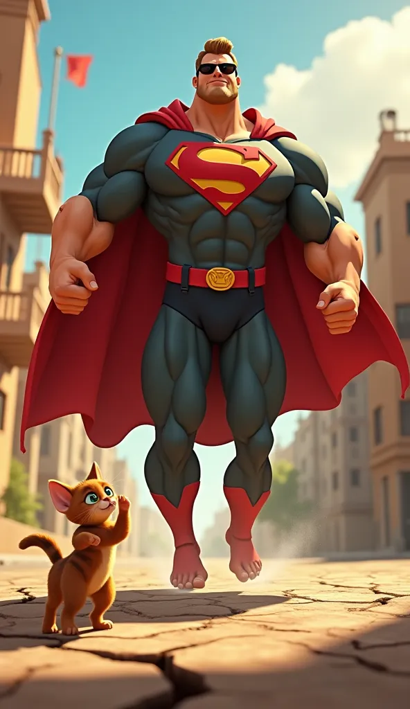 "Epic Disney-Pixar style superhero entrance of a muscular, bodybuilder dad with broad shoulders, wearing sunglasses and a red cape, landing dramatically in front of a frightened kitten as the ground cracks beneath him."
