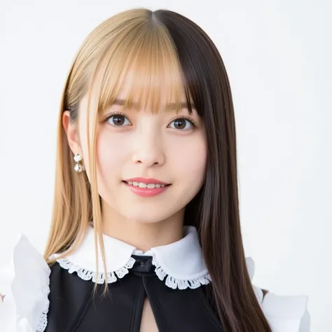 Two-tone blonde and black hair、long hair、 hairstyle is straight、 light background、スーパーlong hair、The color of the hair is different on the left and right is blond and the left is black、Ponytail、black maid outfit、