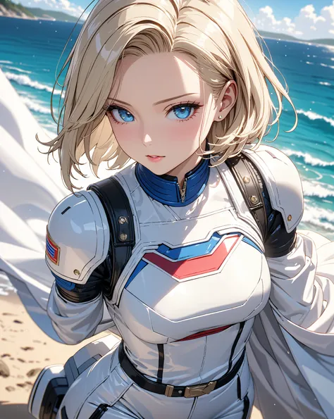 A Hero Landing, coastal, bride,  girl, (Android 18), masterpiece, highest quality, UHD, retina, masterpiece, accurate anatomy, super detailed, high quality, best quality, 8k